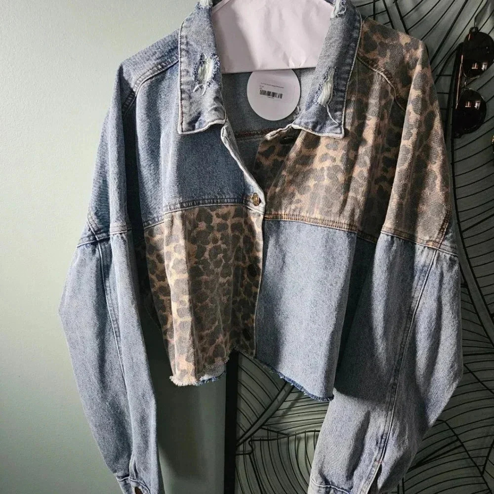 Unique Plus  Size Oversized Animal Print Distressed Blue Denim Crop Jacket - NWT